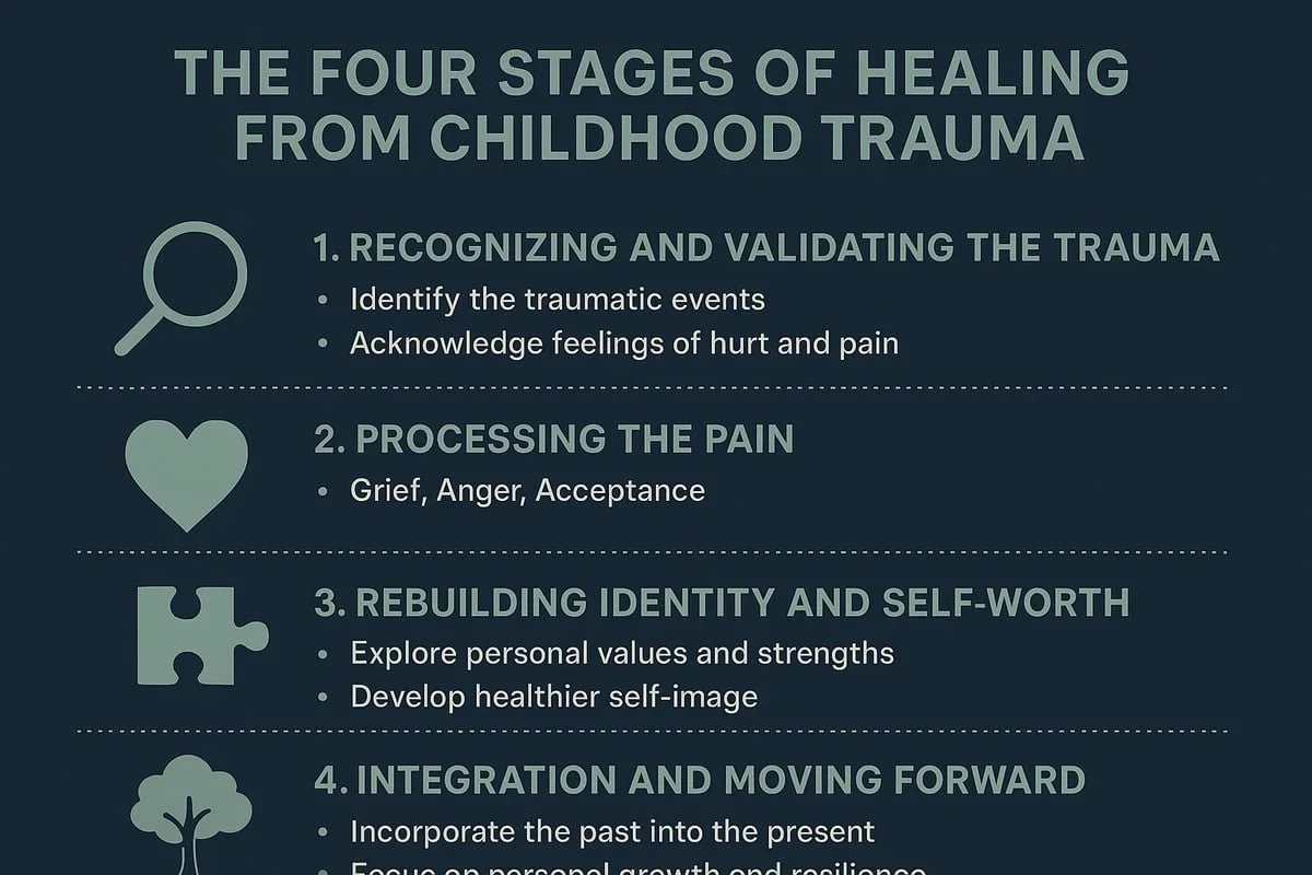 Infographic outlining the four stages of healing from childhood trauma: recognizing the trauma, processing pain, rebuilding self-worth, and moving forward. By trauma therapist Mariah J. Zur.