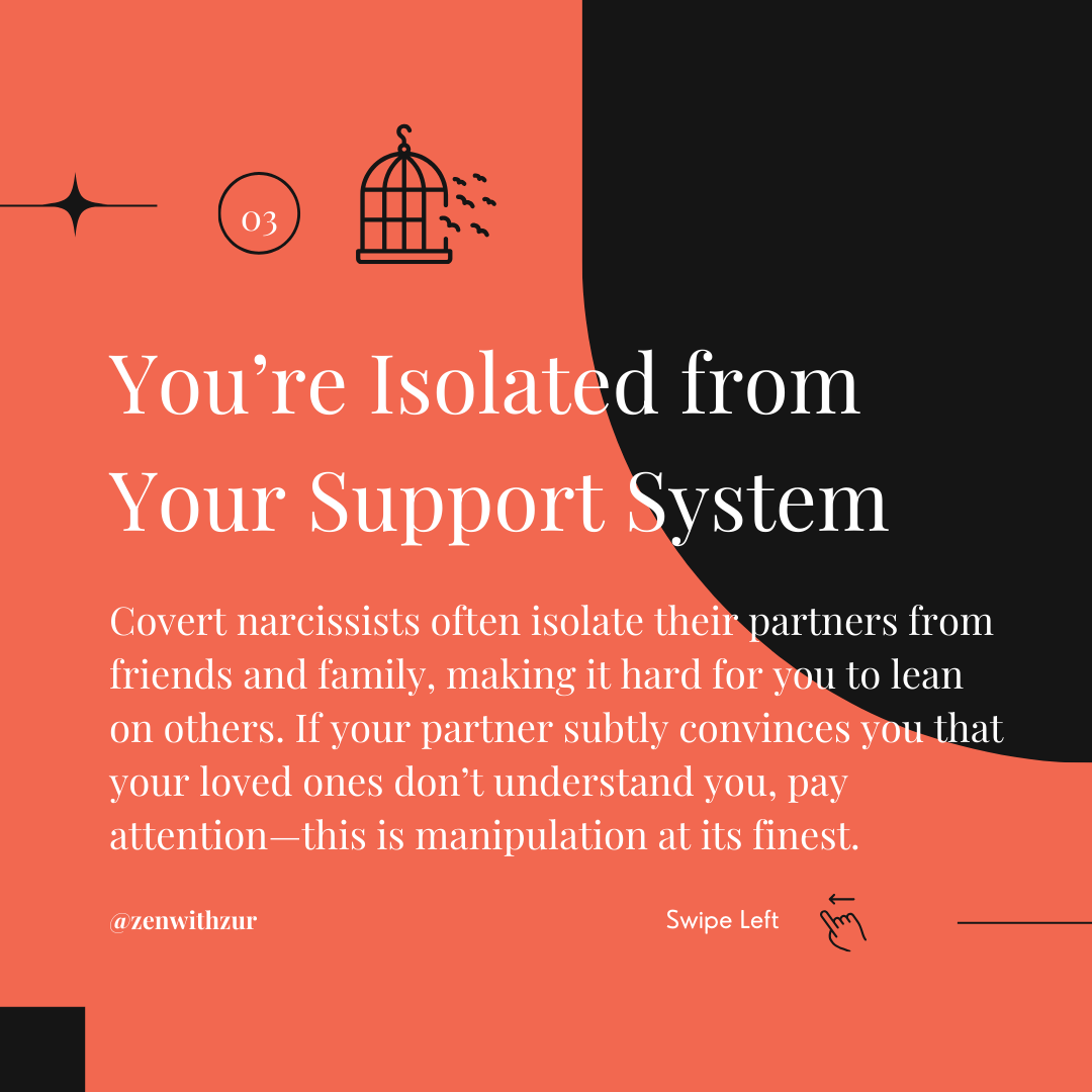Carousel graphic by Pittsburgh therapist Mariah J. Zur explaining isolation as a form of covert narcissistic manipulation.