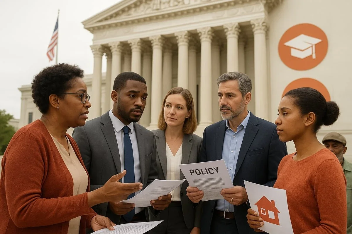 A diverse group of professionals reviewing policy documents outside the Supreme Court, advocating for mental health reform. By therapist Mariah J. Zur.