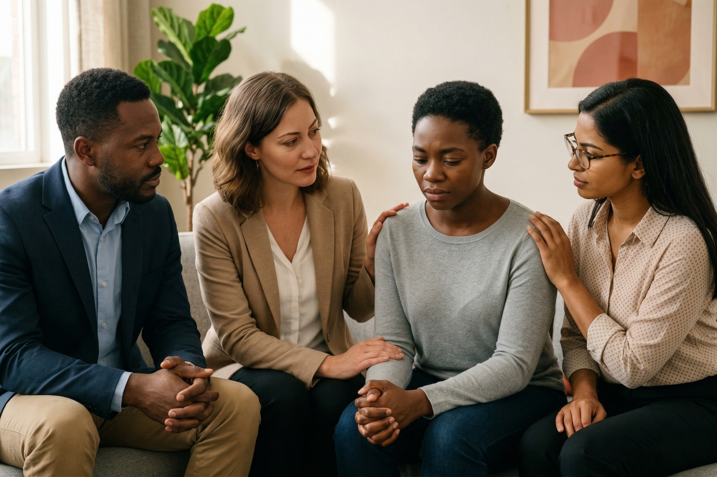 Four diverse adults having a serious discussion at a table, representing group therapy. By therapist Mariah J. Zur.
