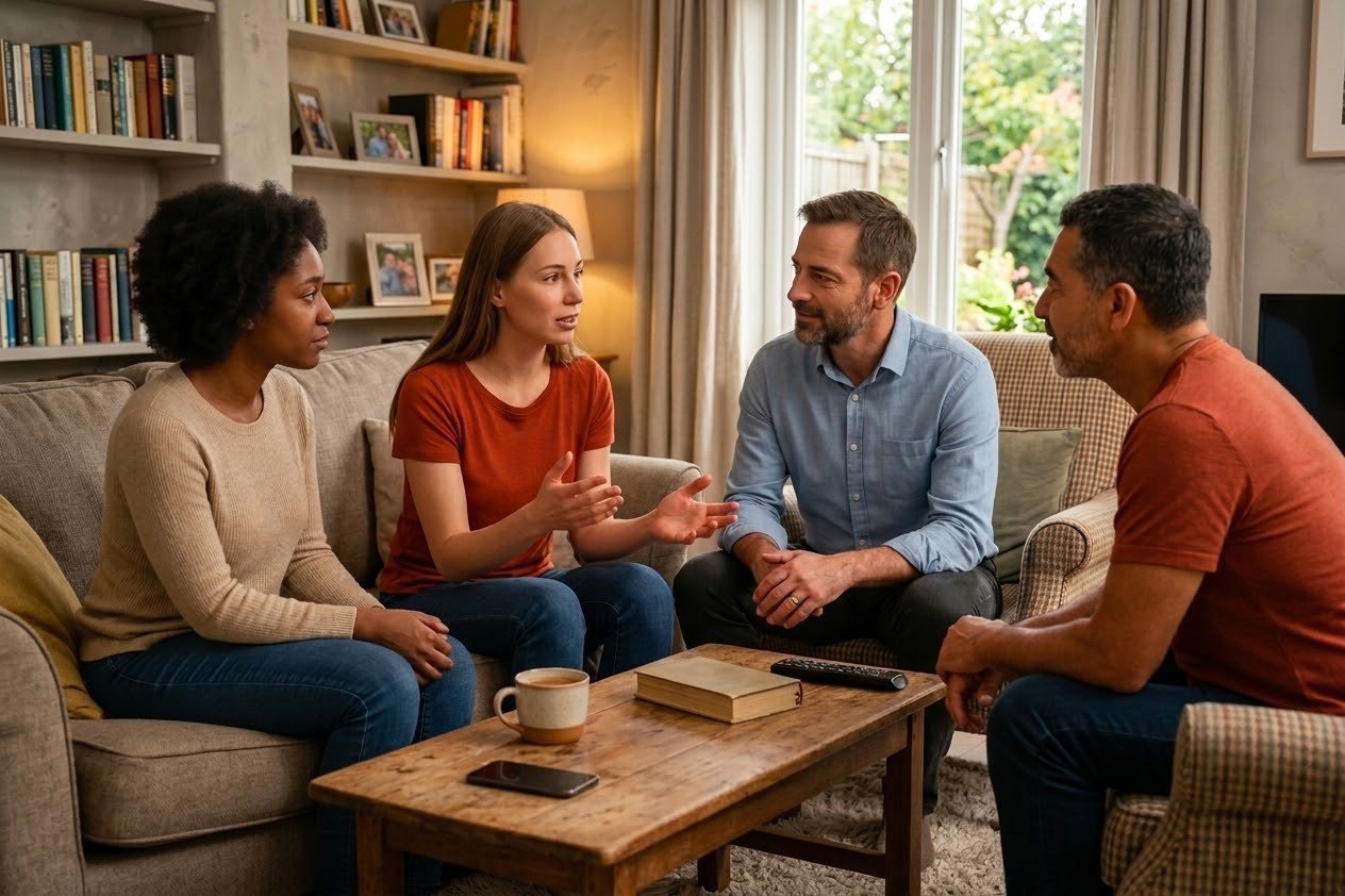 Four people talking in an offline mental health support group. By therapist Mariah J. Zur.