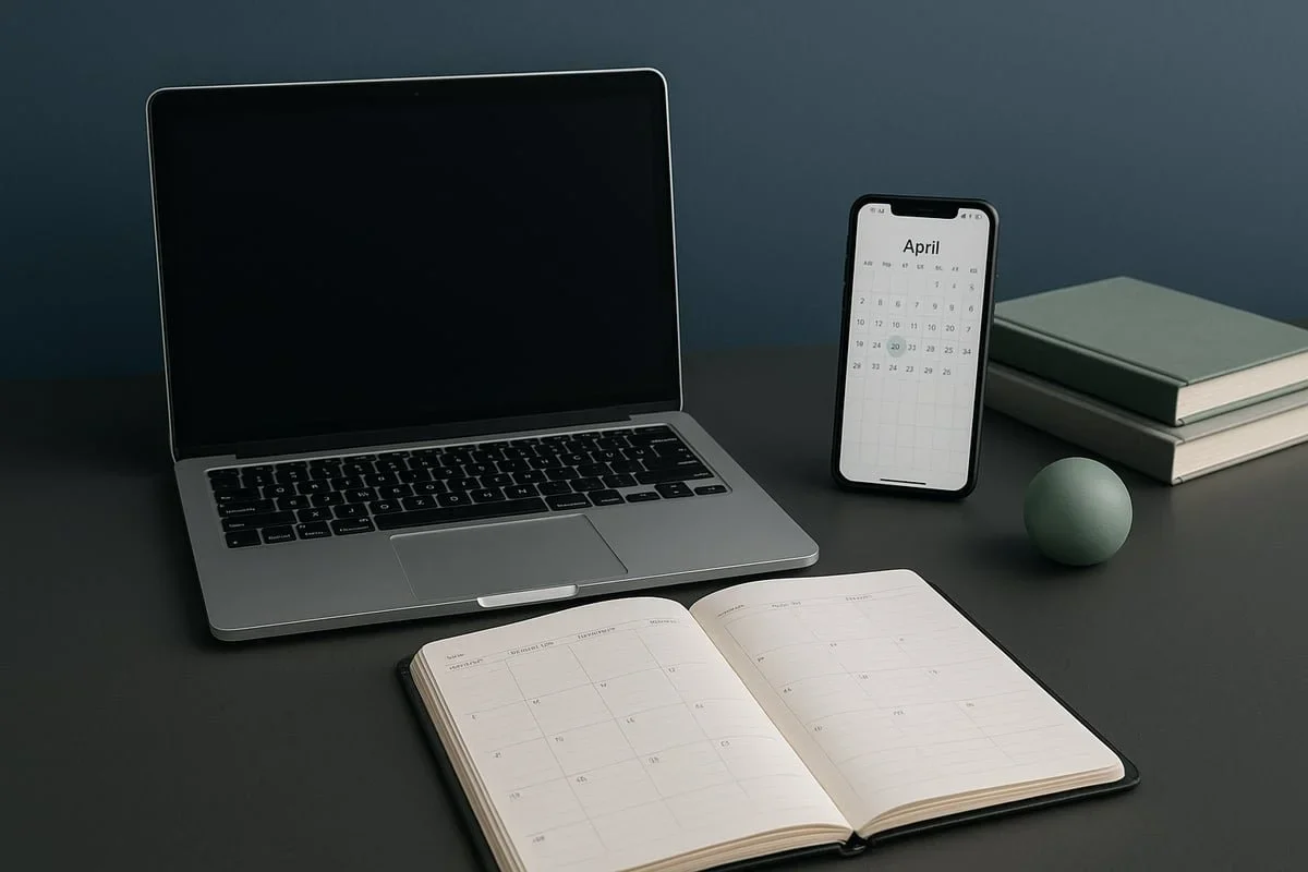 A neat workspace featuring a laptop, an open paper planner, and a smartphone displaying a calendar, representing the digital and analog tools used to build effective routines and manage executive function for adults with cerebral ADHD in Raleigh, NC.