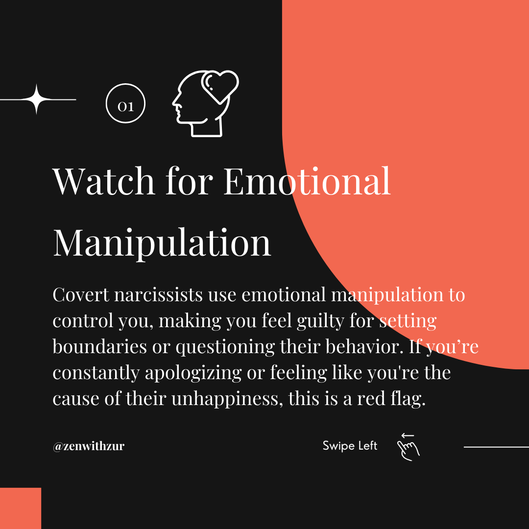 Graphic by Pittsburgh therapist Mariah J. Zur explaining emotional manipulation as a key sign of covert narcissism.