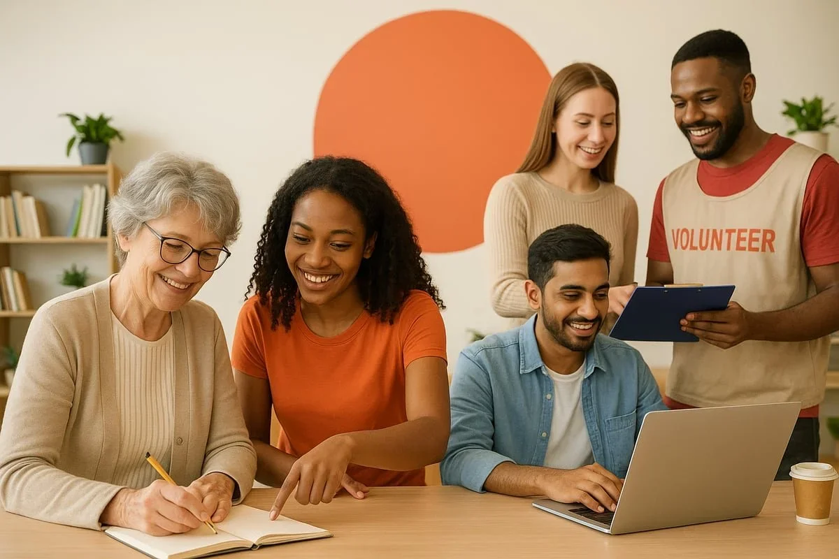 Diverse group collaborating at a table, representing civic engagement and mental wealth. By therapist Mariah J. Zur.