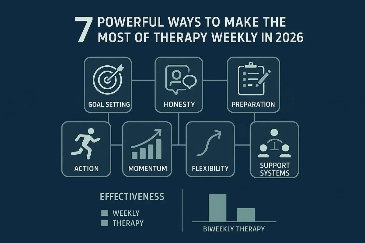 An infographic with icons and labels summarizing seven powerful ways to make the most of weekly therapy, concluding with a chart showing higher effectiveness for weekly vs. biweekly therapy. Raleigh, NC therapy resource.