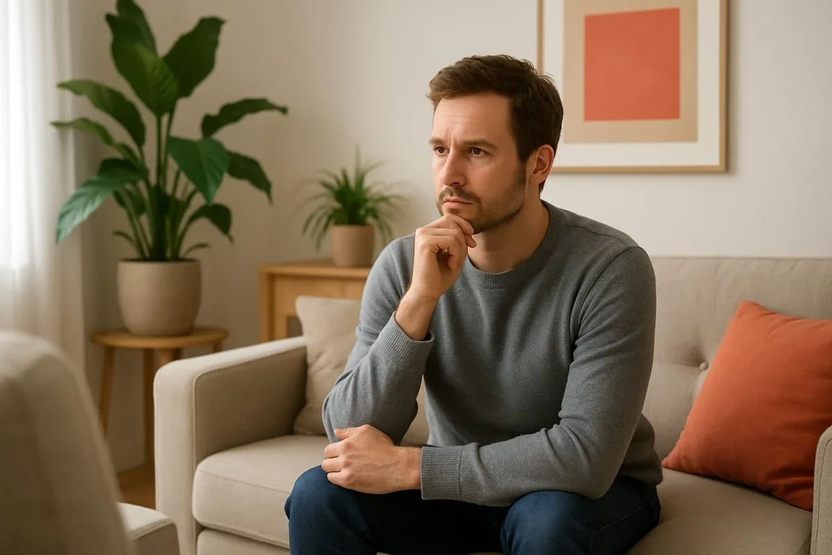 Thoughtful man on a couch considering therapy intensives versus weekly therapy. By trauma therapist Mariah J. Zur.