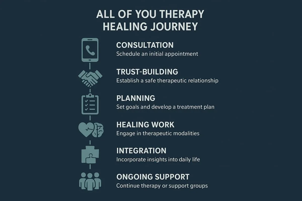 An infographic outlining the six-step healing journey of All Of You therapy, from the initial consultation and trust-building to integration and ongoing support for clients in Pennsylvania.