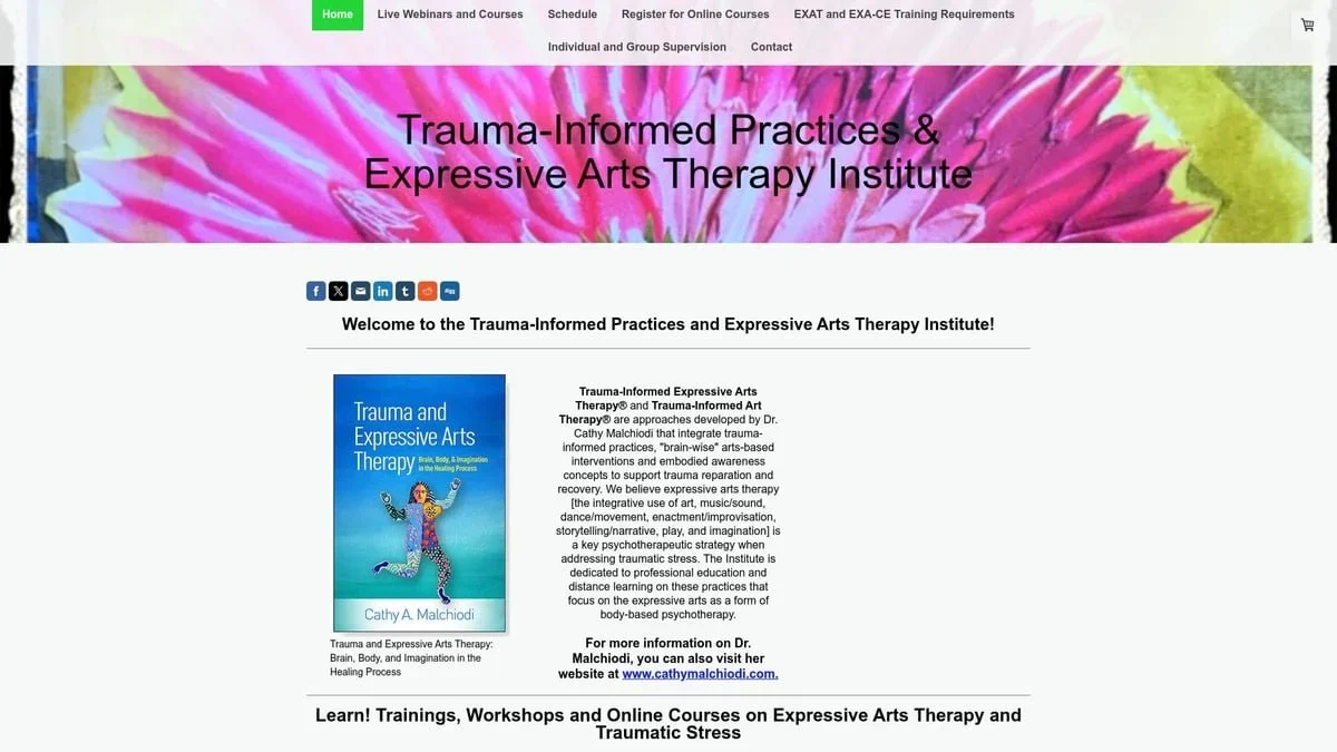 Screenshot of the Trauma-Informed Practices and Expressive Arts Therapy Institute website homepage, featuring information on their training and workshops. By therapist Mariah J. Zur.
