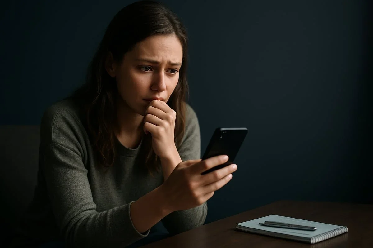 A woman looking nervous as she holds her smartphone to schedule a consultation, illustrating the hesitation high-achievers feel before contacting Mariah Zur for trauma therapy in Durham, NC.