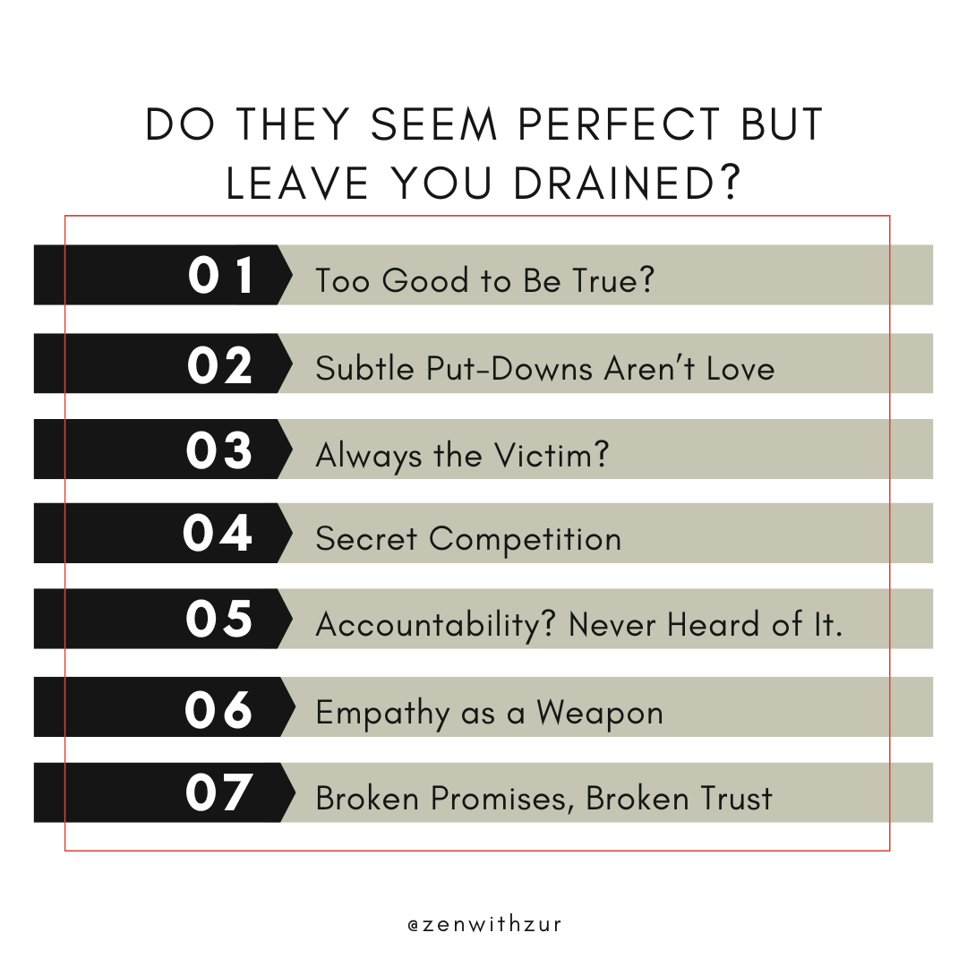 List graphic by PA therapist Mariah Zur showing 7 draining covert narcissist traits like subtle put-downs and playing victim.