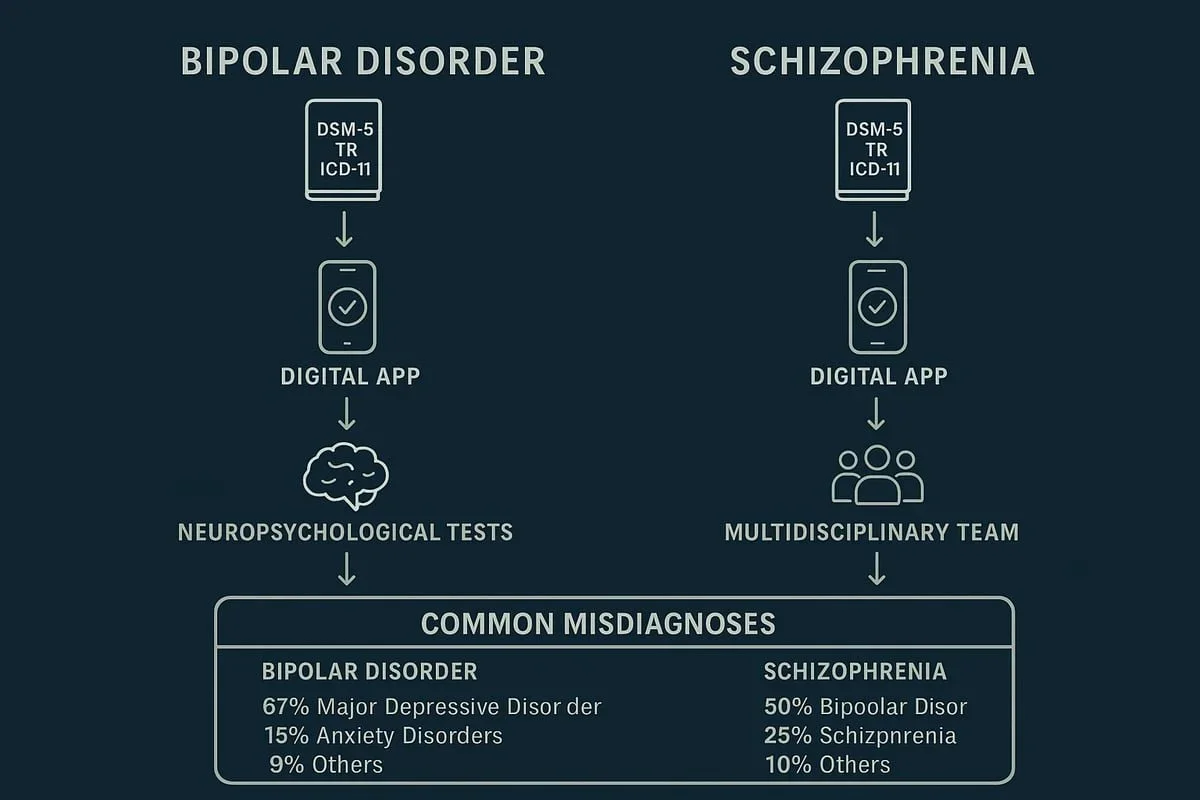 Flowchart comparing Bipolar and Schizophrenia diagnosis steps and common misdiagnoses. Raleigh, NC therapy resource.