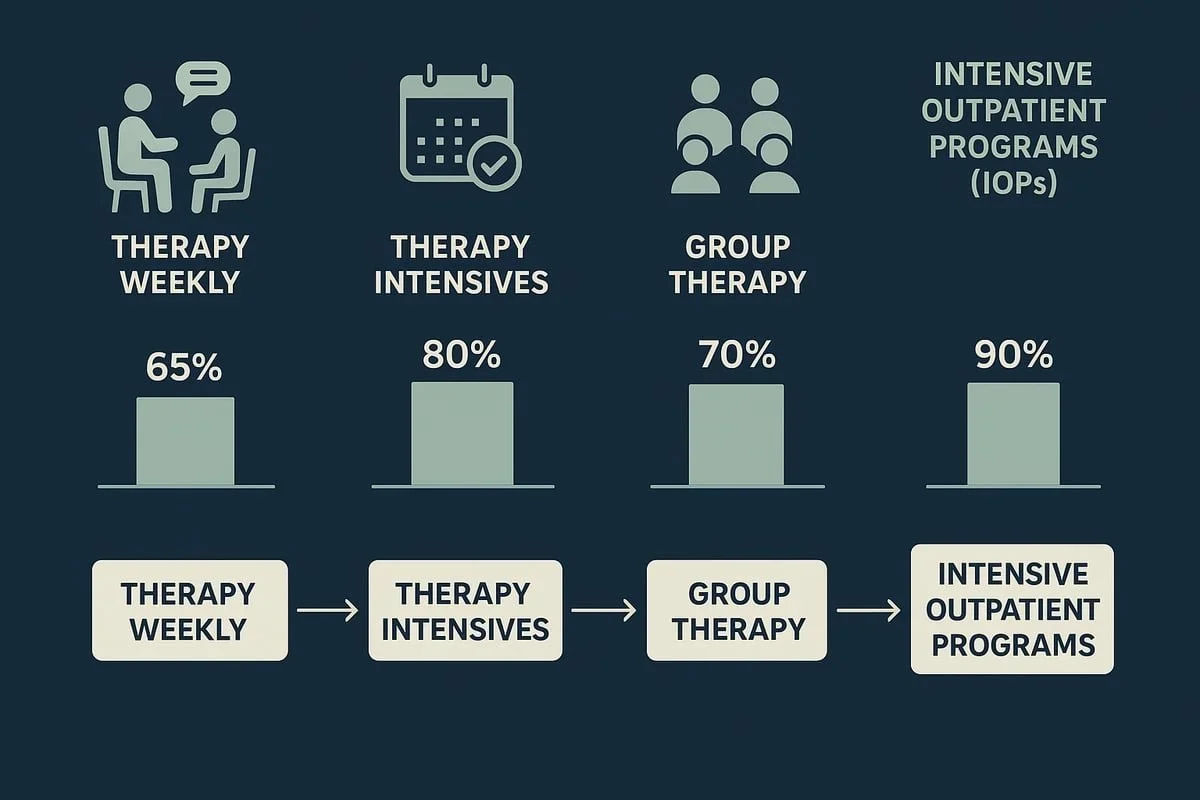 Infographic comparing weekly therapy, therapy intensives, group therapy, and IOPs with a care progression flowchart. Raleigh, NC.