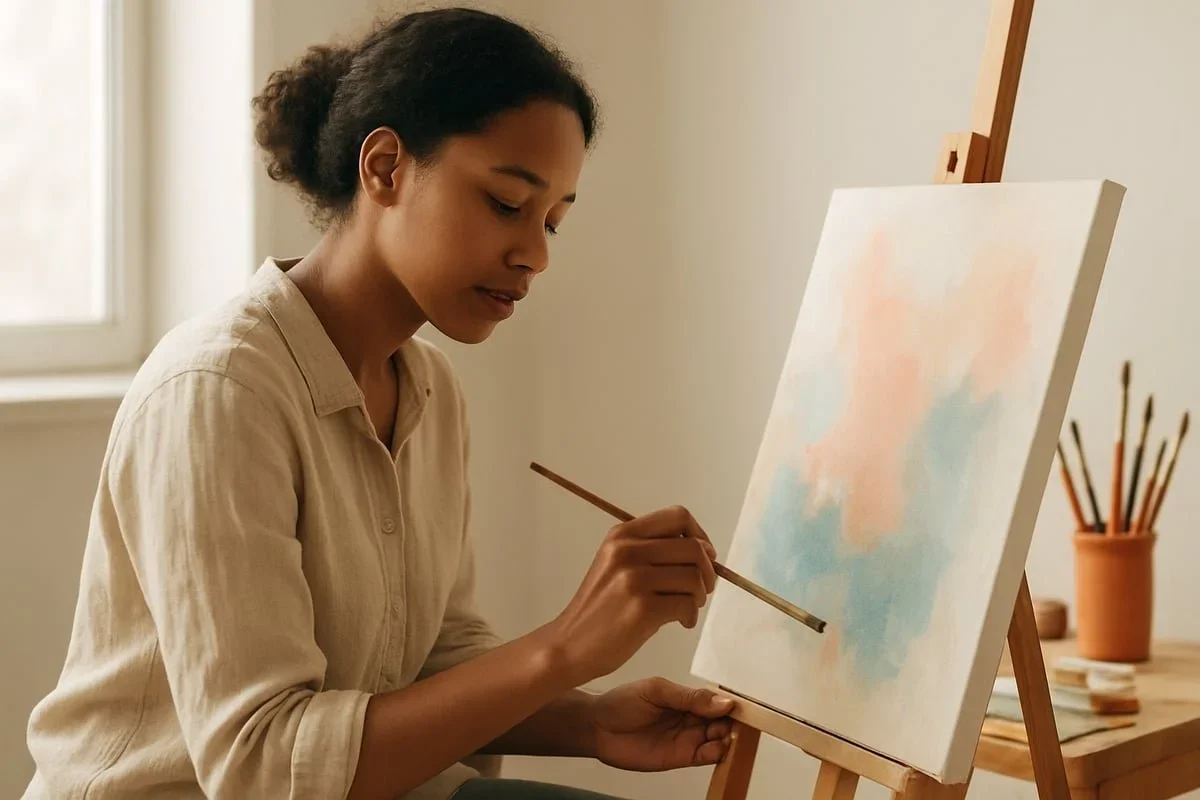 Woman using painting as trauma art therapy for emotional healing. By Raleigh therapist Mariah J. Zur.