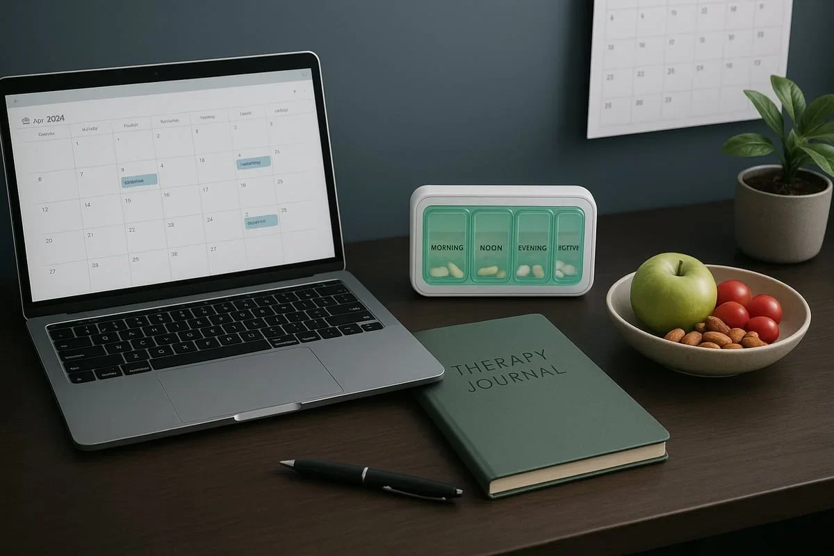 A desk setup featuring a laptop with a digital calendar, a daily medication organizer, a therapy journal, and a healthy snack, representing a comprehensive daily management routine for cerebral ADHD and online therapy support in Raleigh, NC.