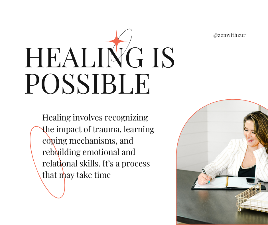 Graphic by trauma therapist Mariah J. Zur titled 'Healing is Possible,' explaining that healing involves recognizing trauma, learning coping skills, and rebuilding emotional relational skills.