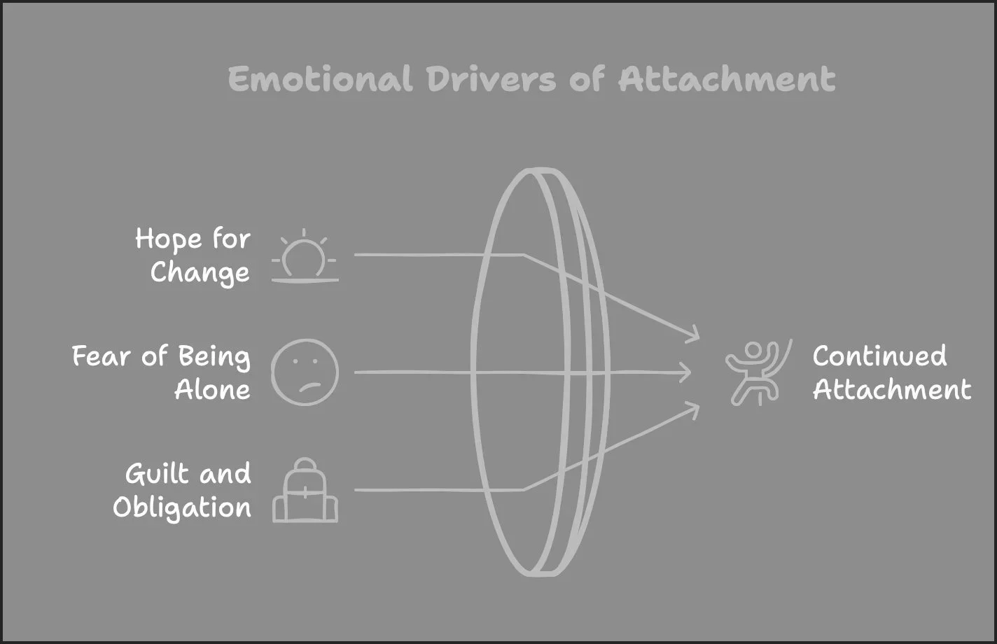 Diagram by Pittsburgh therapist Mariah Zur showing how hope, fear, and guilt drive continued attachment to a covert narcissist.