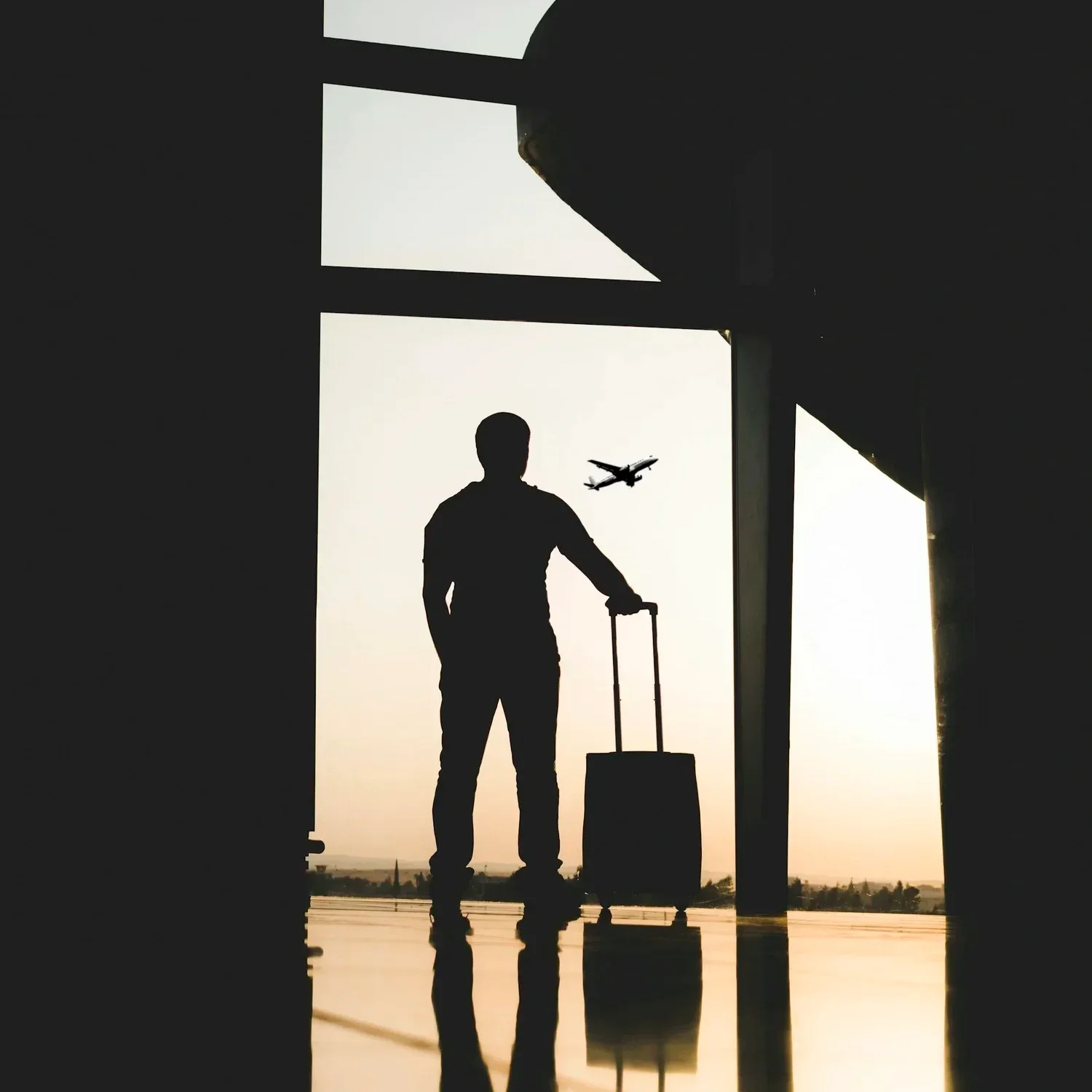 Silhouette of a person with luggage at an airport looking at an airplane, representing holiday travel and family dynamics. By therapist Mariah J. Zur.