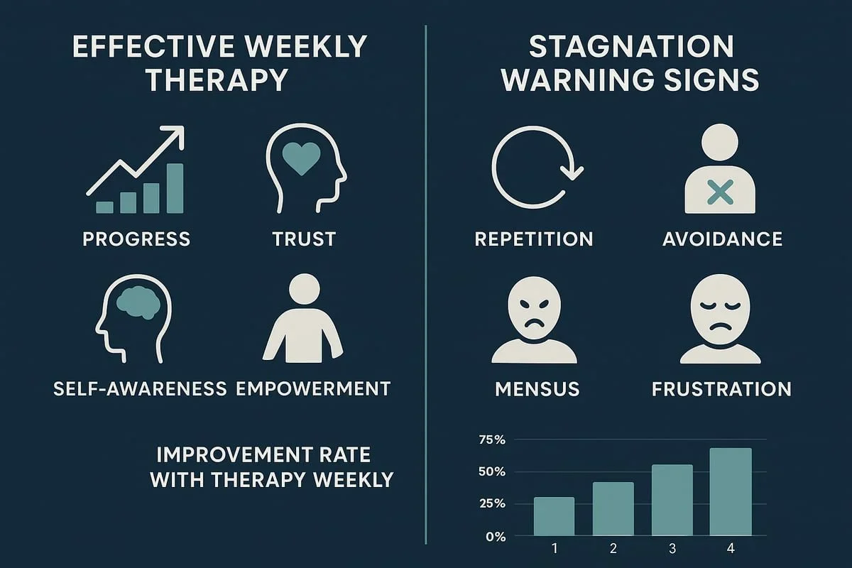 Infographic with icons comparing effective therapy progress and stagnation warning signs. Includes weekly improvement rate charts. Raleigh, NC therapy resource.