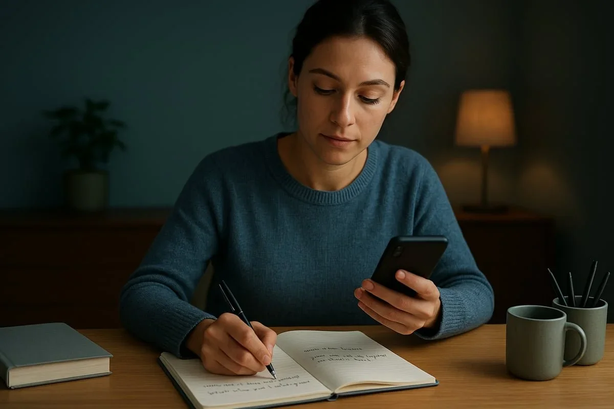 A woman thoughtfully writing in a notebook while holding her phone, preparing her questions and goals before calling trauma therapist Mariah Zur in the Raleigh and Cary, NC area.