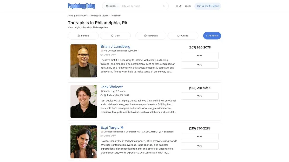 A screenshot of the Psychology Today online directory displaying search results to help clients find a therapist in Philadelphia, PA.