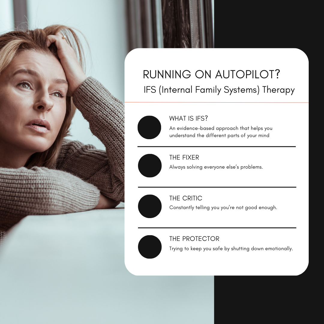 Infographic by PA therapist Mariah Zur on IFS therapy, explaining the Fixer, Critic, and Protector parts of your mind.