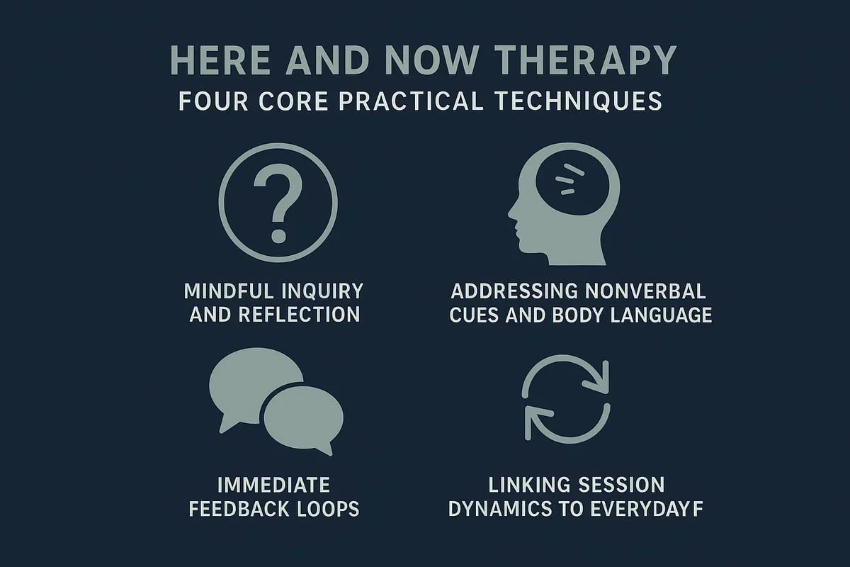 An infographic by Mariah J. Zur detailing four core practical techniques of Here and Now Therapy: mindful inquiry, addressing nonverbal cues, immediate feedback loops, and linking session dynamics.
