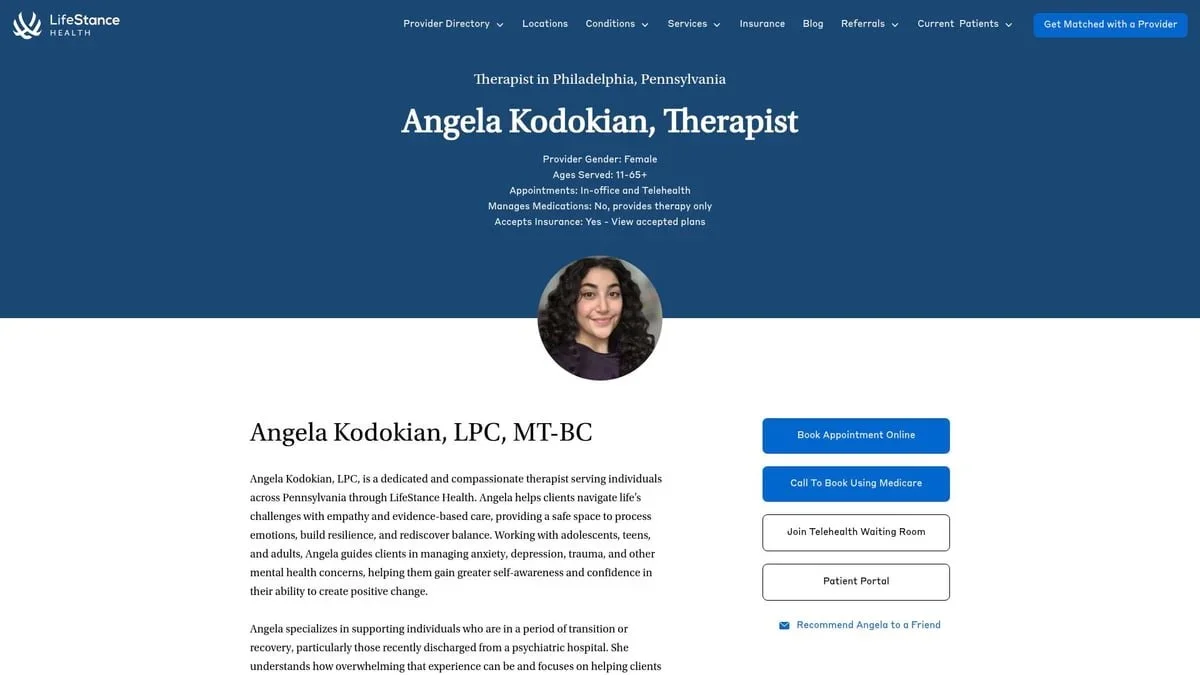 LifeStance Health profile for Angela Kodokian, LPC, a recommended empathy-driven therapist in Philadelphia, PA.