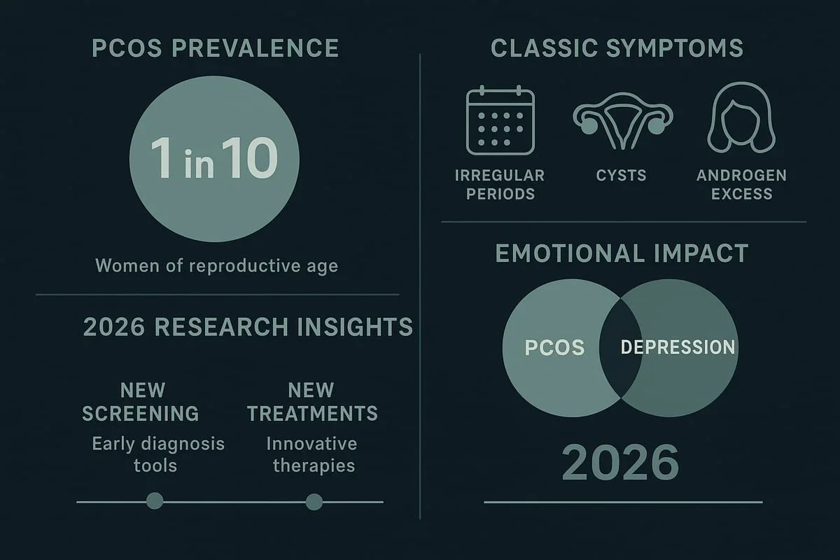 Infographic detailing PCOS prevalence, classic symptoms, 2026 research insights, and the emotional overlap with depression. Raleigh, NC therapy.