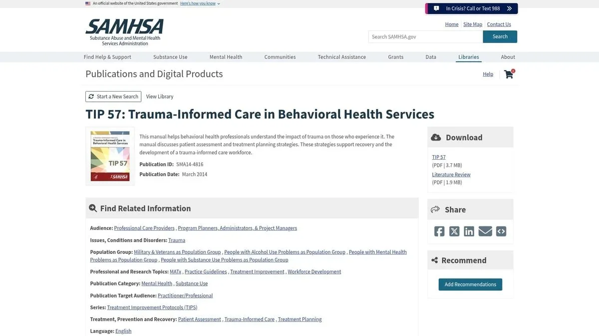 Screenshot of the SAMHSA website displaying the download page for the TIP 57: Trauma-Informed Care in Behavioral Health Services manual. By therapist Mariah J. Zur.