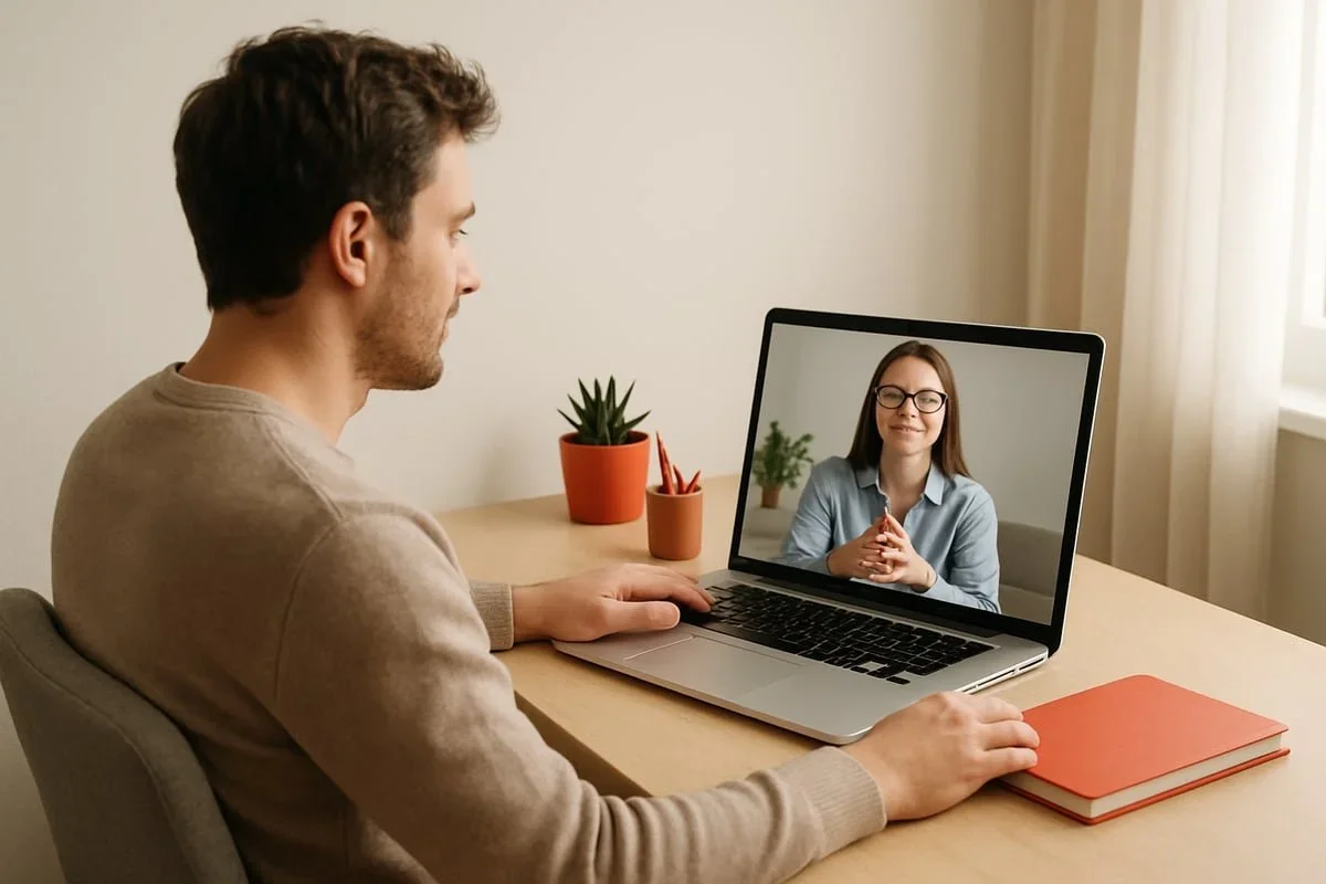 A man sitting at his desk at home, engaged in a virtual therapy session on his laptop with a female therapist, illustrating the convenience and privacy of connected counseling. By trauma therapist Mariah J. Zur.