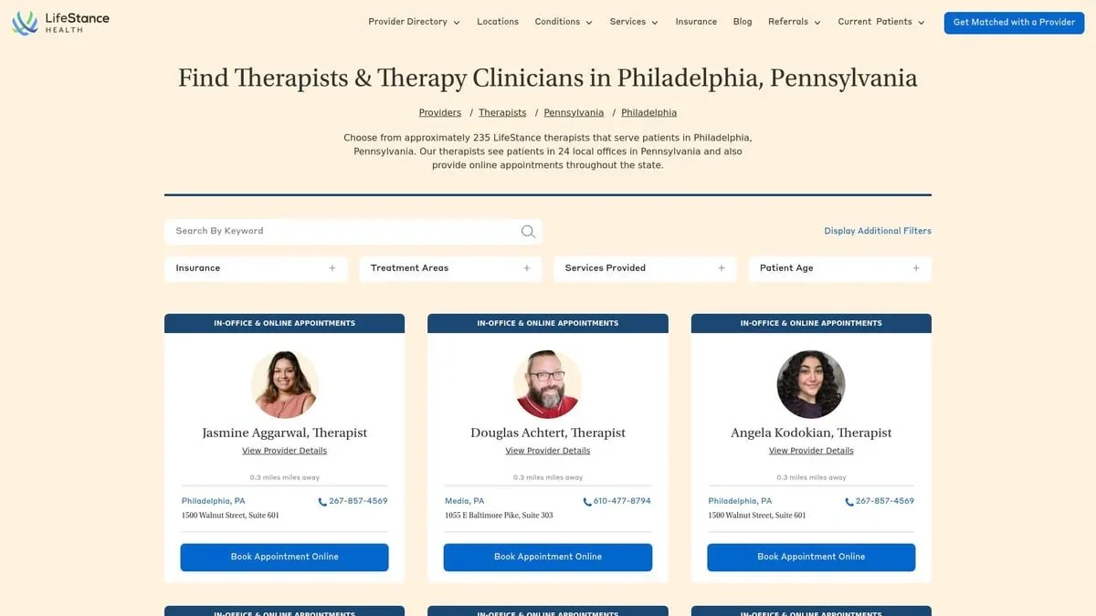 Screenshot of the LifeStance Health online directory displaying available therapist and clinician profiles in Philadelphia, PA.