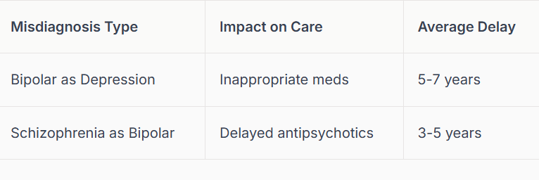 Table showing care impacts and average delays for misdiagnosing Bipolar and Schizophrenia. Raleigh, NC therapy resource.