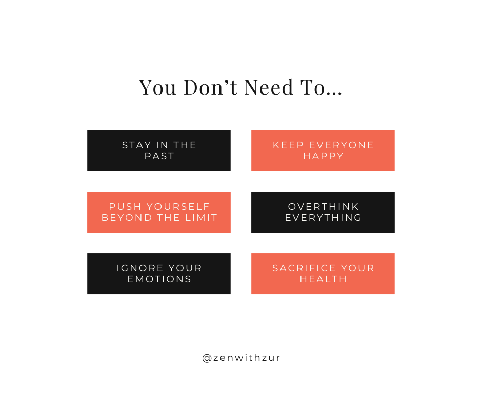Infographic by trauma therapist Mariah J. Zur listing survival habits to let go of, such as keeping everyone happy, overthinking everything, and ignoring your emotions.