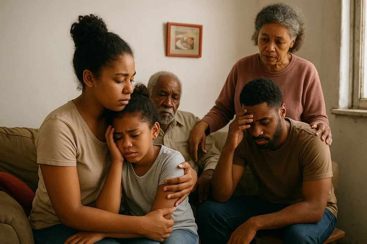 A distressed multi-generational Black family comforting each other in a living room, illustrating the intergenerational toll of poverty on mental health. By therapist Mariah J. Zur.