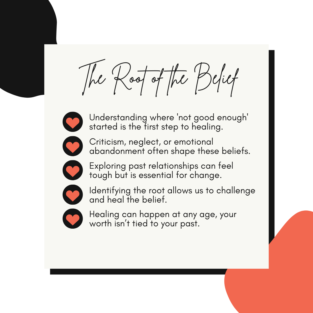 Graphic by PA therapist Mariah Zur on finding the root of the 'not good enough' belief to heal from past trauma.