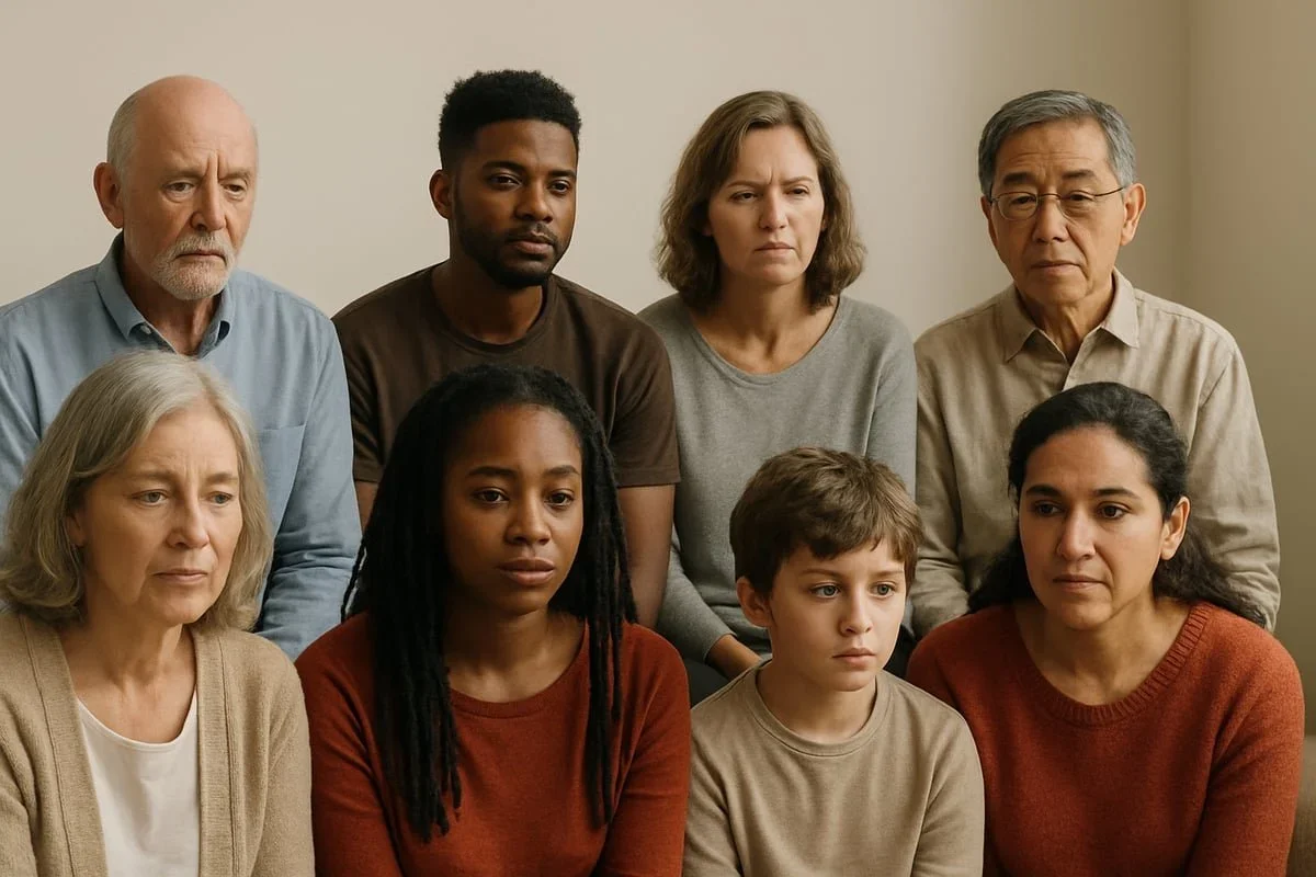 A diverse group of people representing the widespread impact and invisible wounds of trauma. By therapist Mariah J. Zur.