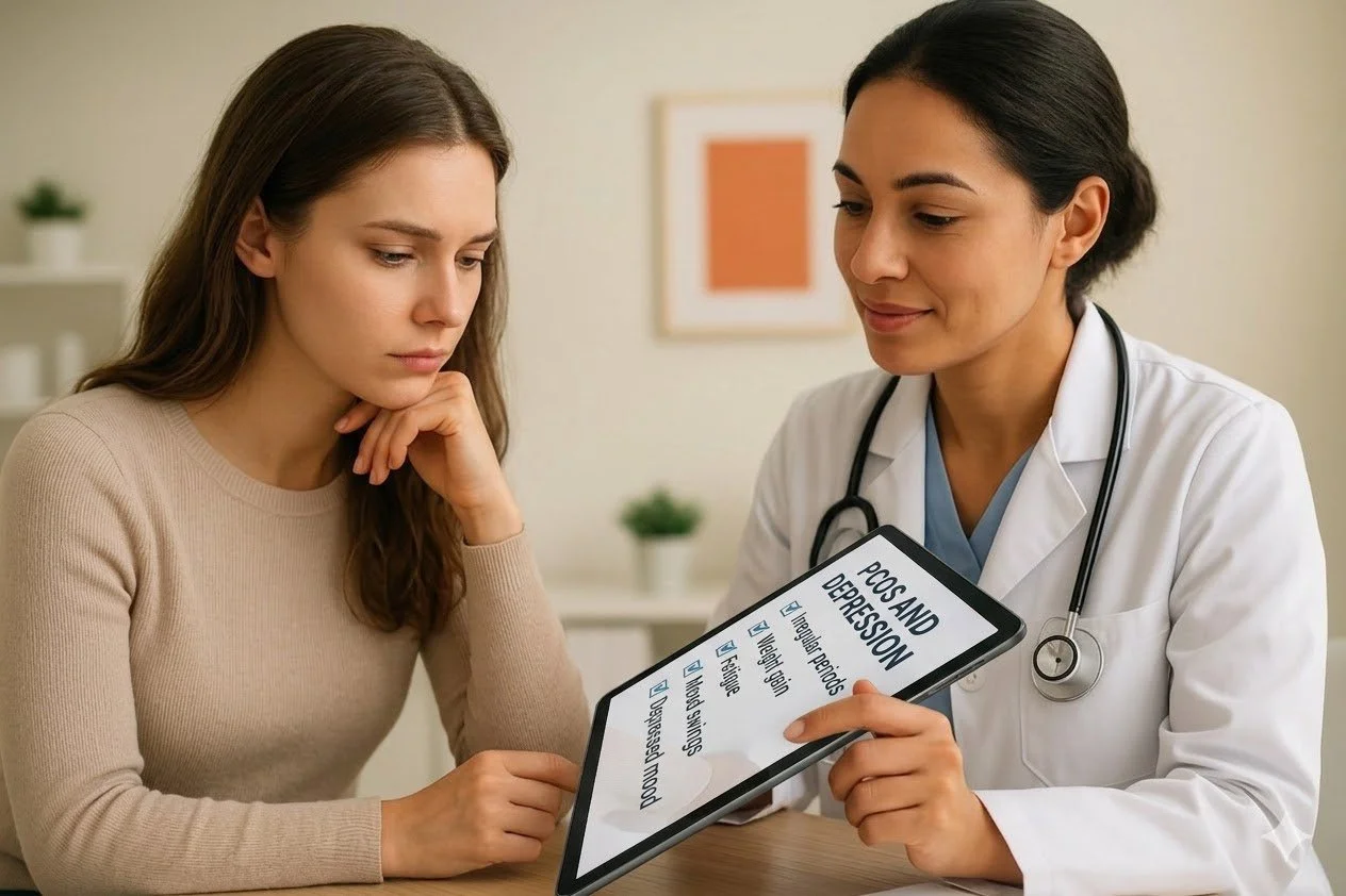 A healthcare professional showing a concerned patient a tablet displaying a checklist of overlapping PCOS and depression symptoms, including irregular periods, fatigue, and mood swings. By trauma therapist Mariah J. Zur.