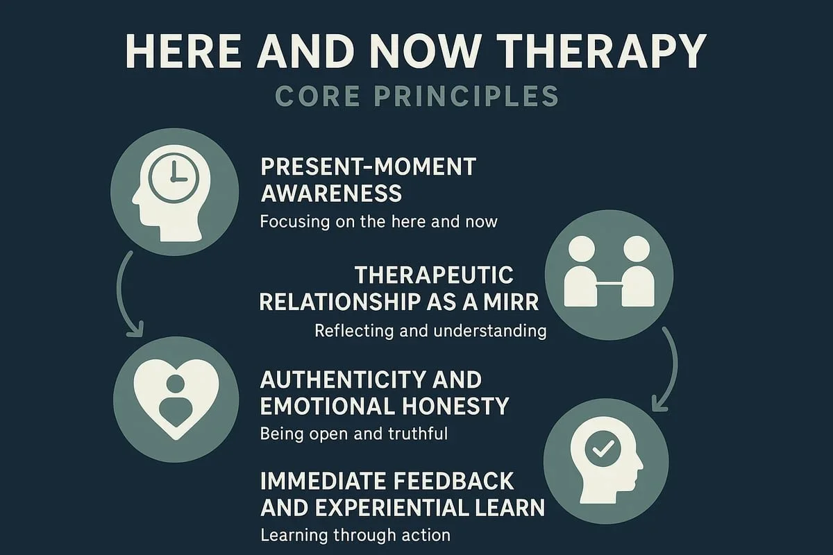 An infographic by Mariah J. Zur detailing the core principles of Here and Now Therapy, including present-moment awareness and emotional honesty.