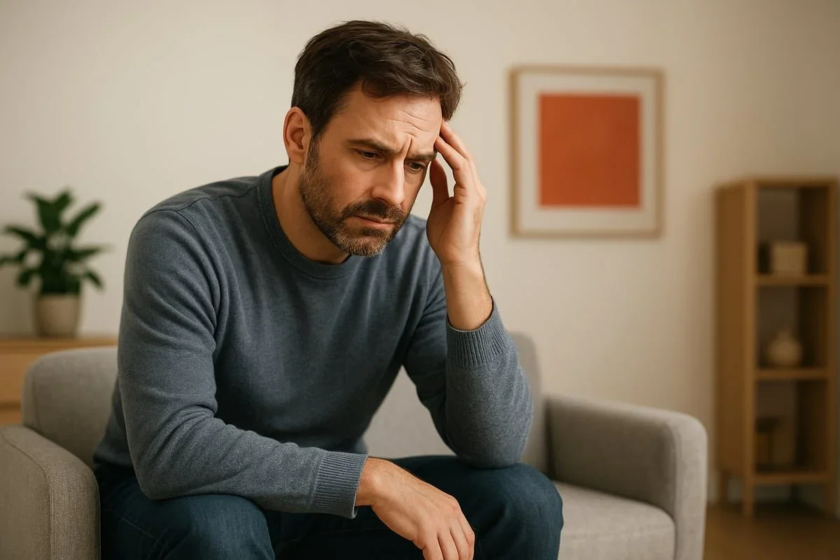 A man sitting on a sofa looking distressed with his hand to his head. PA trauma therapist Mariah Zur helps men navigate anxiety and stress to improve their mental health.