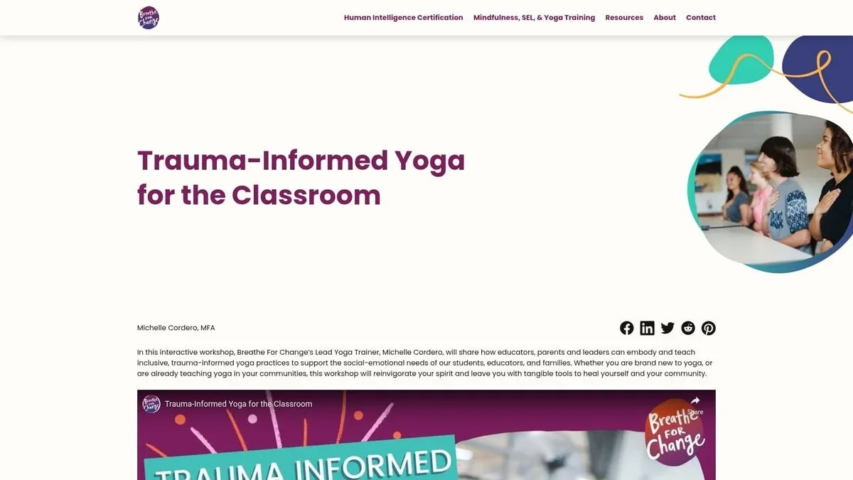 Screenshot of the Breathe For Change website featuring their Trauma-Informed Yoga for the Classroom training program. By therapist Mariah J. Zur.