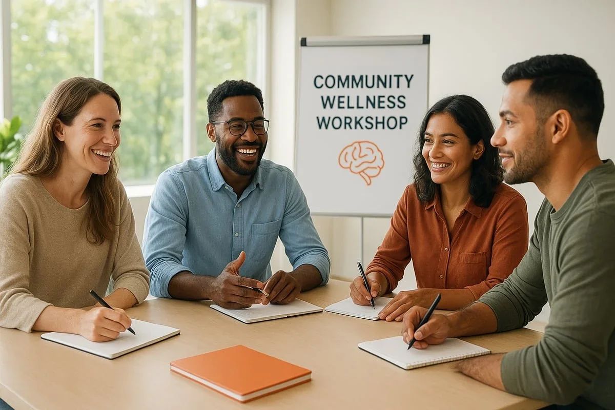 Four professionals collaborating during a Community Wellness Workshop. By therapist Mariah J. Zur.