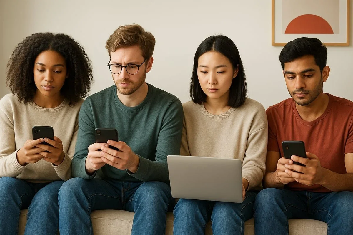 Four diverse people sitting on a couch looking at devices, representing users finding psychosis support on Reddit. By therapist Mariah J. Zur.