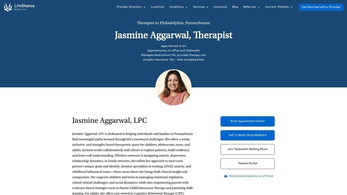 LifeStance Health profile for Jasmine Aggarwal, LPC, a top recommended inclusive therapist in Philadelphia, PA.