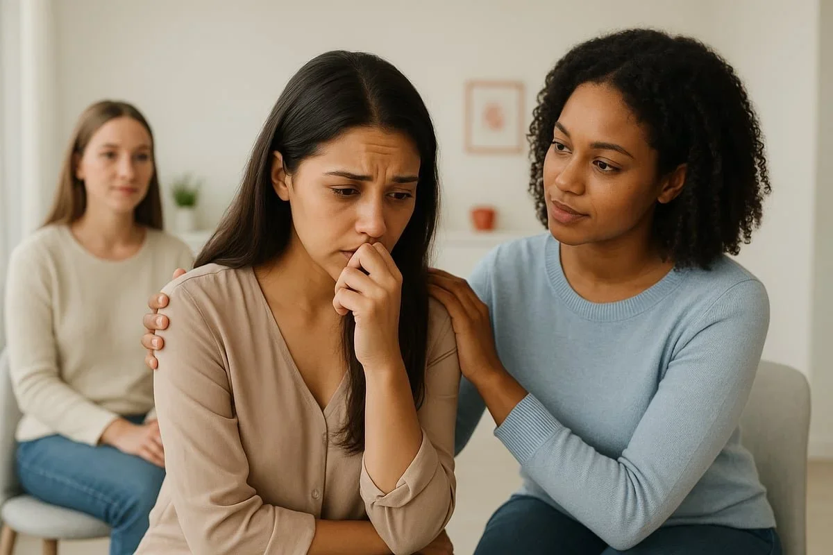 A supportive group therapy setting where two women offer comfort to a distressed peer. PA trauma therapist Mariah Zur facilitates safe spaces for emotional processing and collective healing.