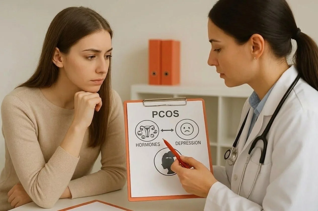 A medical professional showing a patient a diagram about the link between PCOS, hormones, and depression. PA therapist Mariah Zur helps clients manage the mental health impacts of hormonal imbalances.