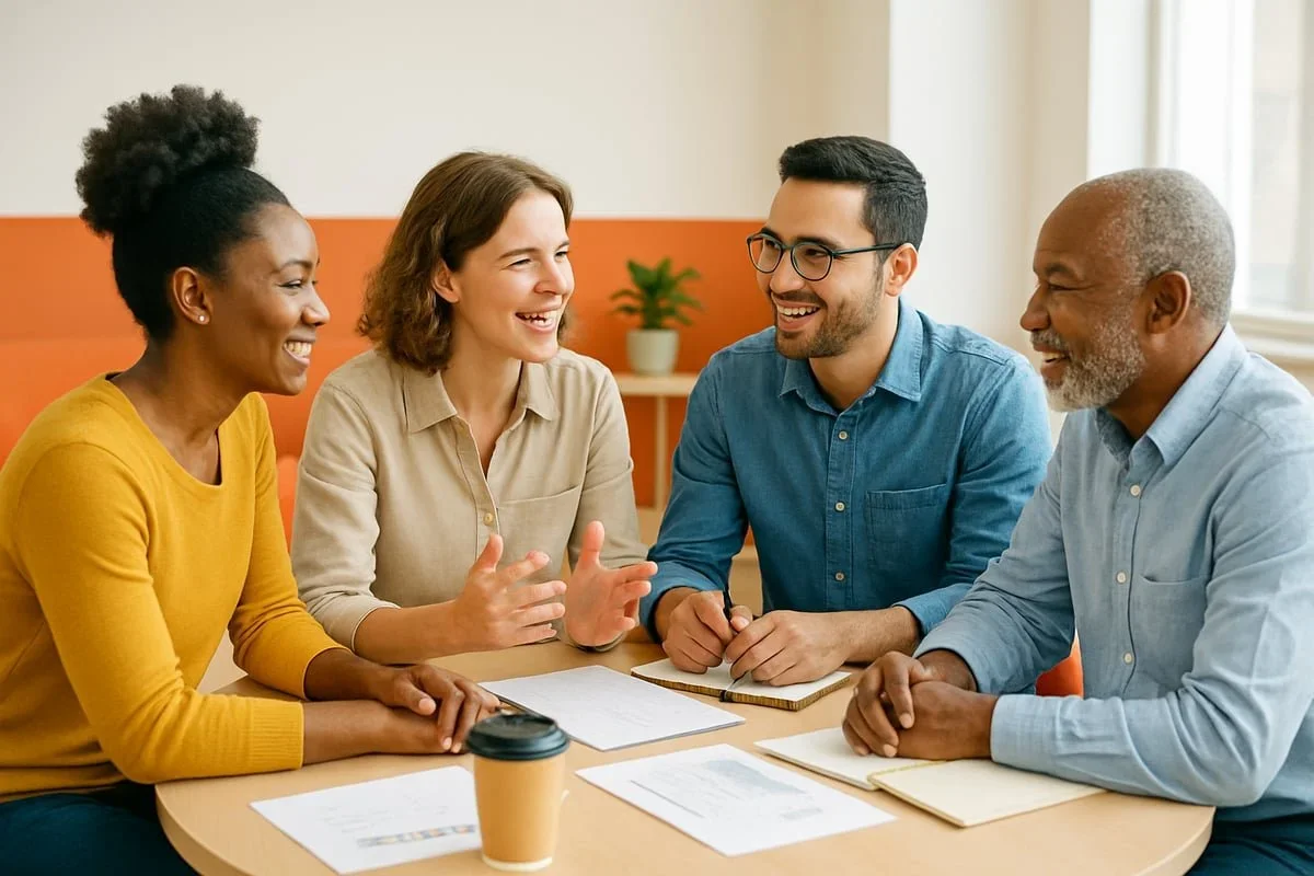 Diverse group collaborating at a table, representing social capital and mental wealth at work. By therapist Mariah J. Zur.