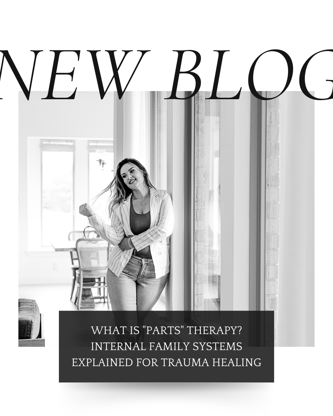 A black and white portrait of trauma therapist Mariah Zur. The image features a new blog announcement titled 'What is Parts Therapy? Internal Family Systems Explained for Trauma Healing', highlighting her expertise in IFS.