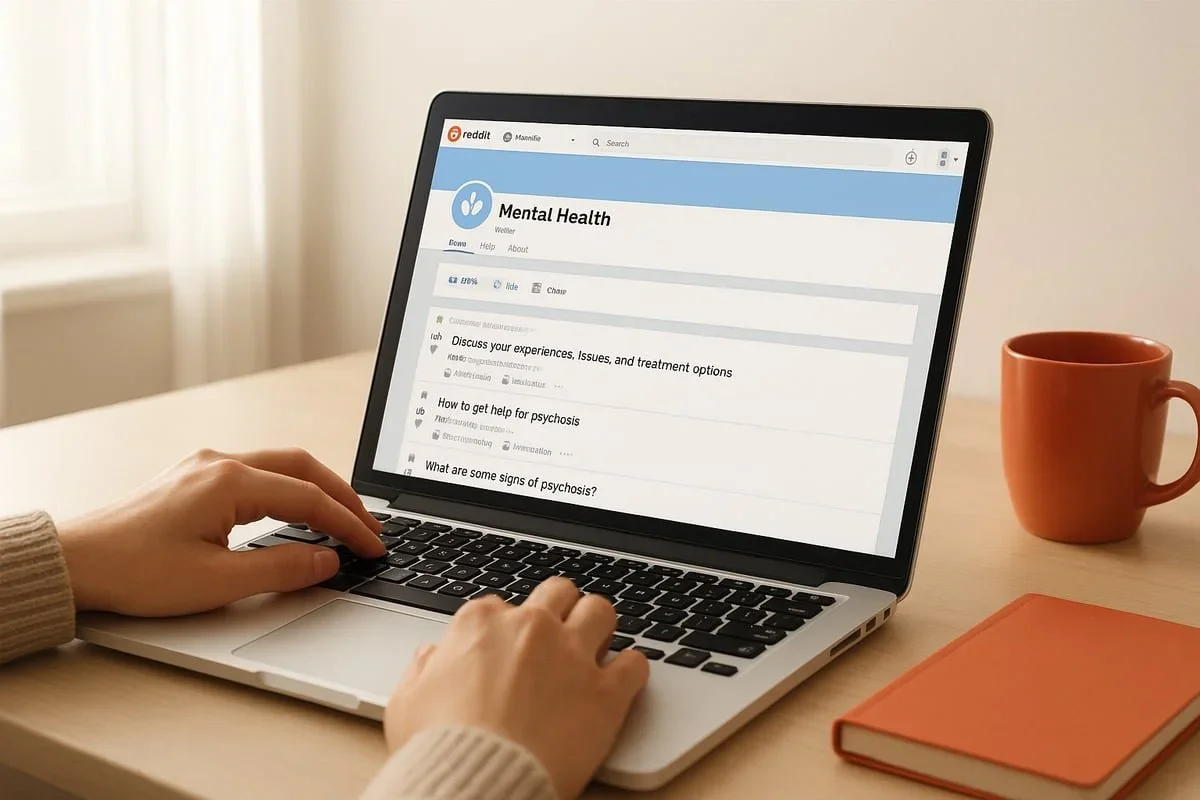 Person typing on a laptop viewing a Reddit mental health forum about psychosis. By therapist Mariah J. Zur.