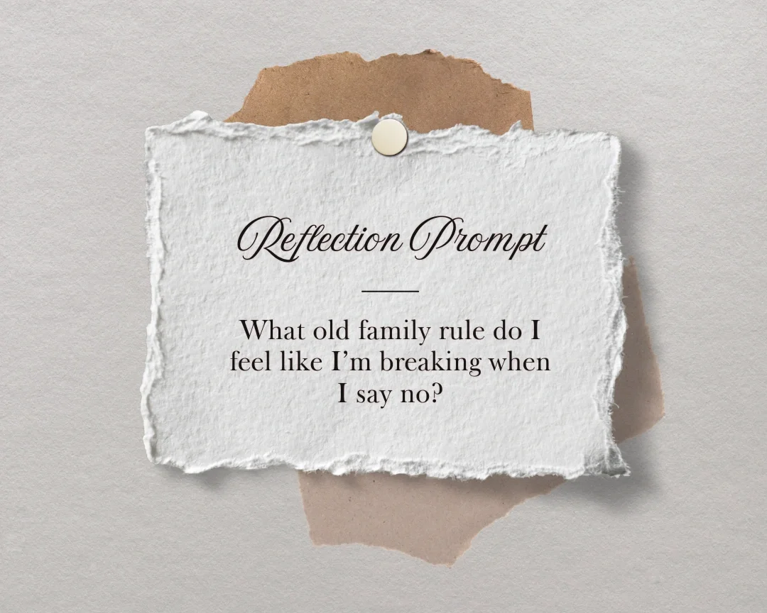 A torn piece of paper with a reflection prompt asking, 'What old family rule do I feel like I'm breaking when I say no?' PA therapist Mariah Zur uses journaling prompts to help clients explore family dynamics and boundaries.
