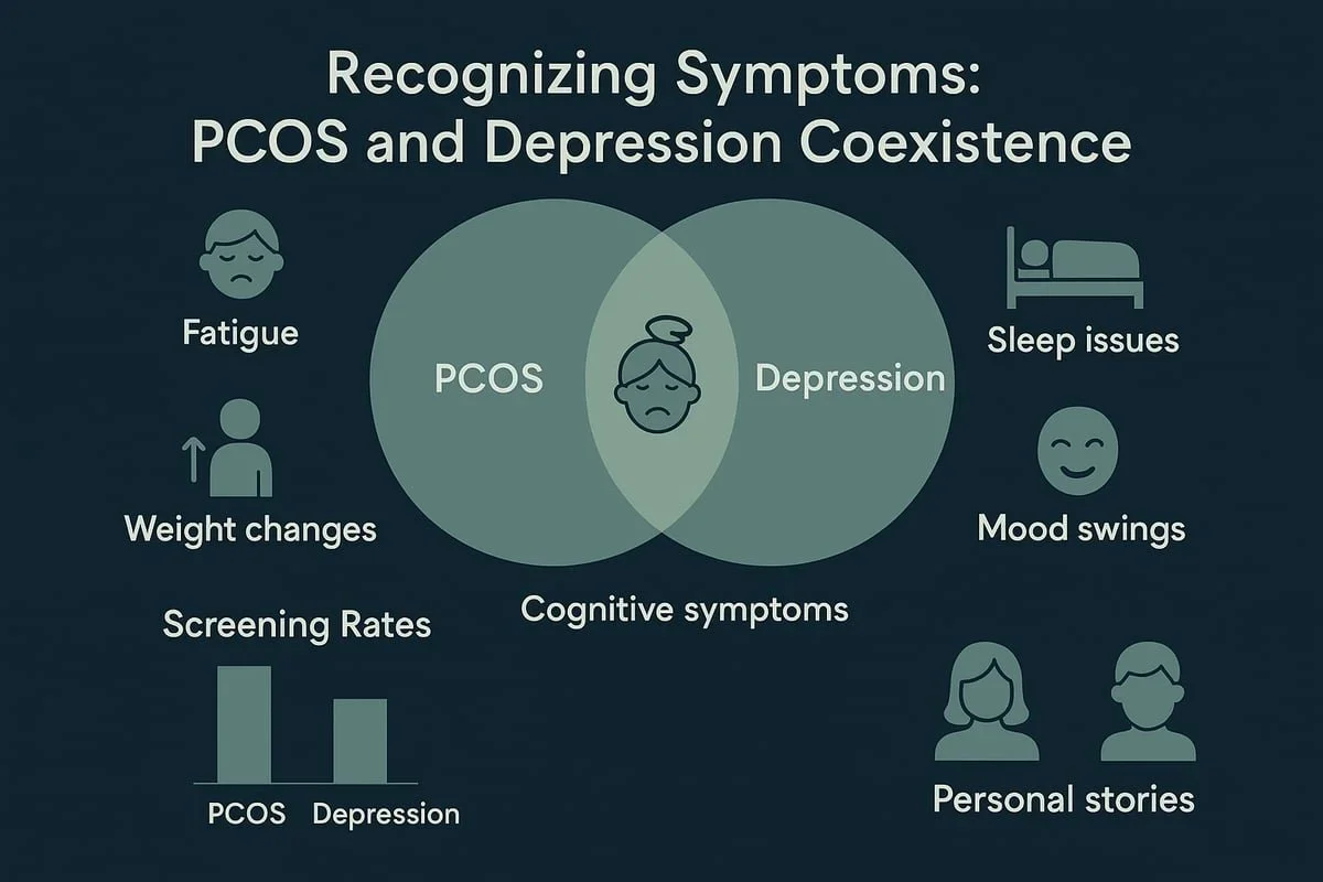 Infographic by PA therapist Mariah Zur on the coexistence of PCOS and depression, highlighting shared symptoms like fatigue, sleep issues, and mood swings.